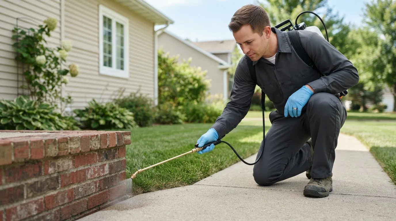Pest control technician treating a home near Pleasant Plain, OH